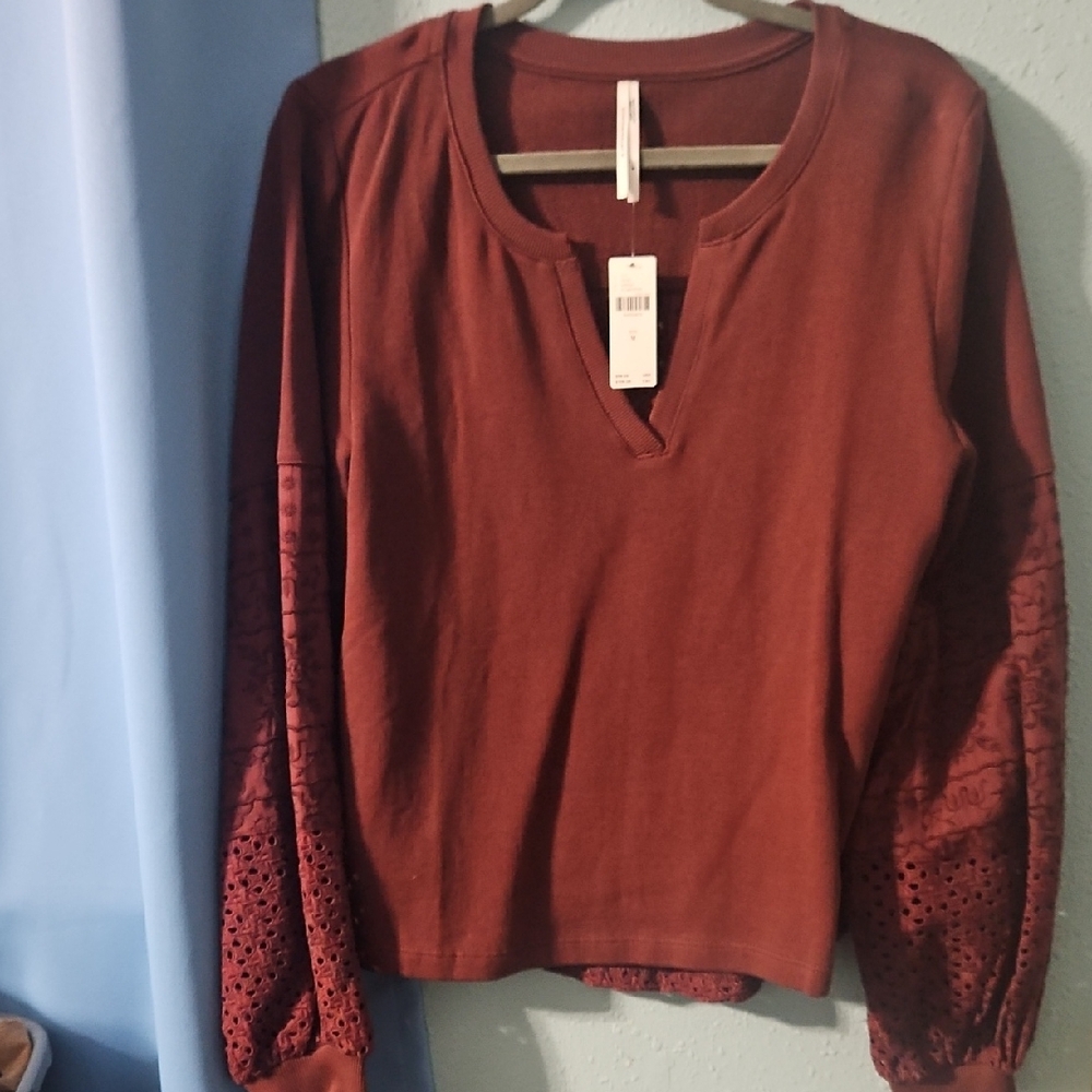 Anthropologie Burgundy Long Sleeve Top with Lace Detail